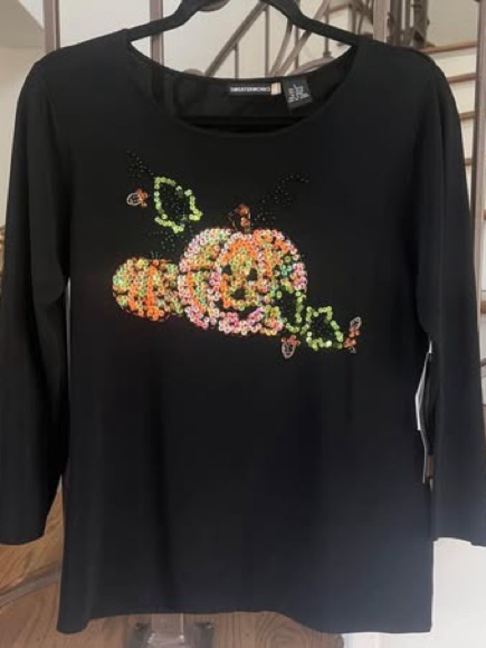 Waterworks Black Long-Sleeve Top with Sequin Pumpkin Motif